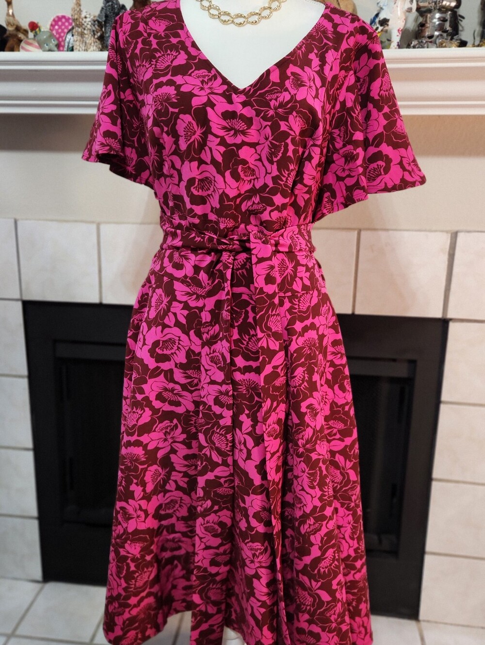 Lane Bryant Pink and Wine Floral Midi Dress with Tie Waist